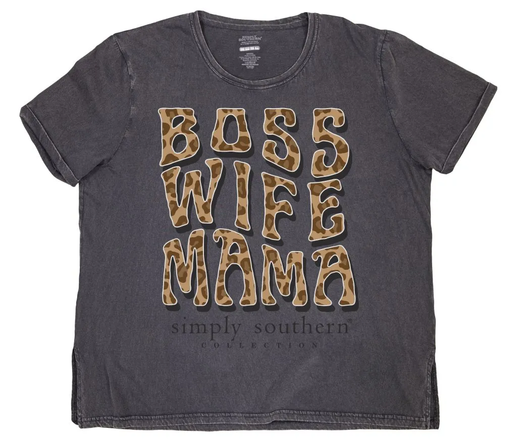 Acid Wash Dark Grey "Boss Mom" Oversized Short Sleeve Shirt