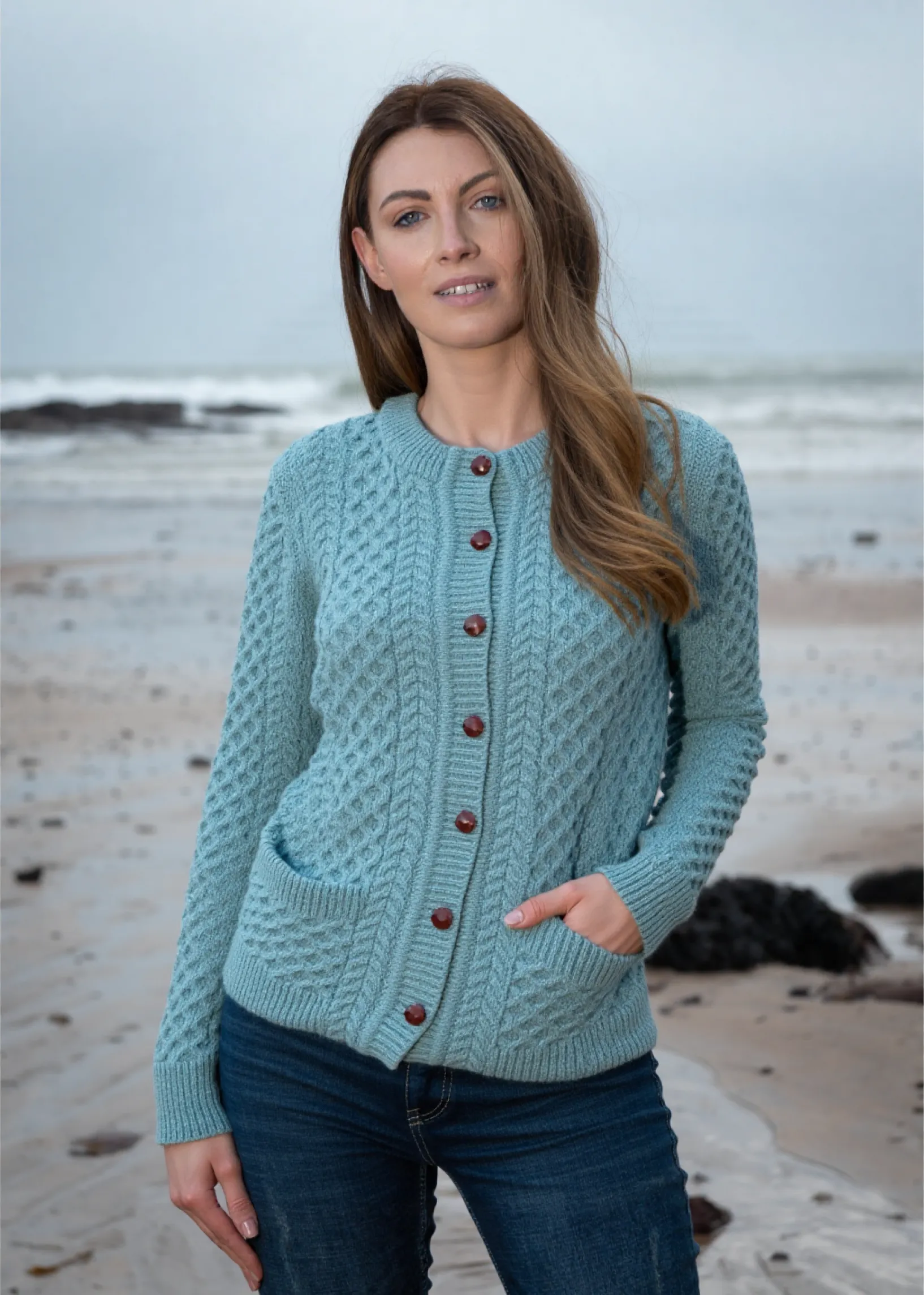 Aran Cable Knit Cardigan | Aqua