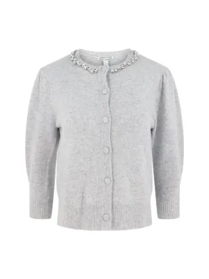 Autumn Cashmere Rhinestone Trimmed Puff Sleeve Cardigan in Sweatshirt