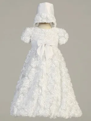 Baby Girls White  Ribbon Tulle  Dress bonnet Baptism set