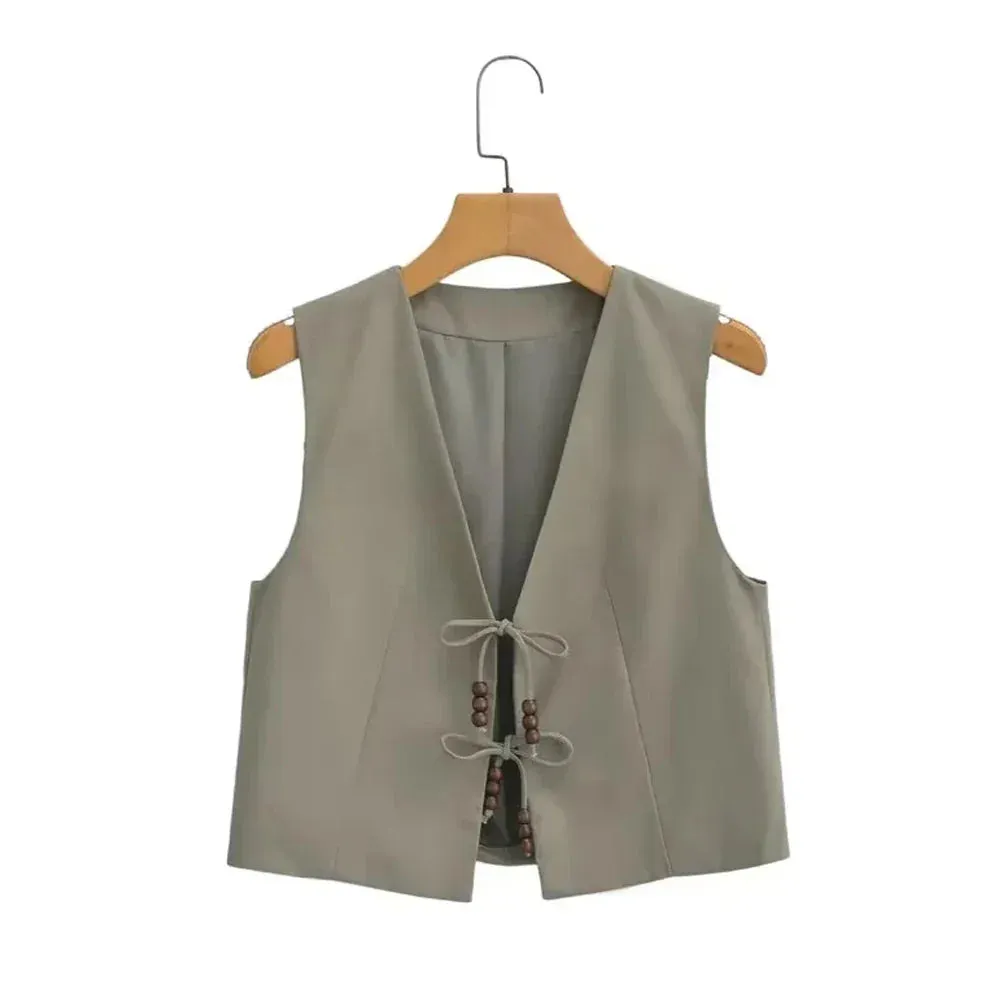 Back To School Joskaa Women chic Beaded Linen lace-up Vest Sleeveless Jackets Vintage V-Neck Waistcoat Female Chic Tank Tops high quality women's wear
