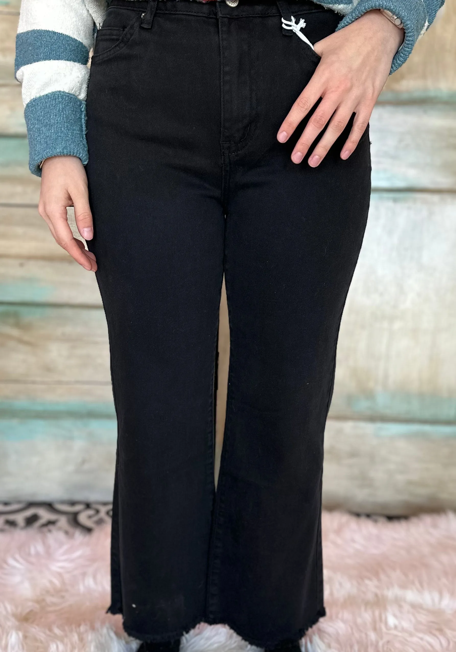 BLACK ACID WASHED HIGH WAIST FRAYED HEM BOOTCUT PANTS