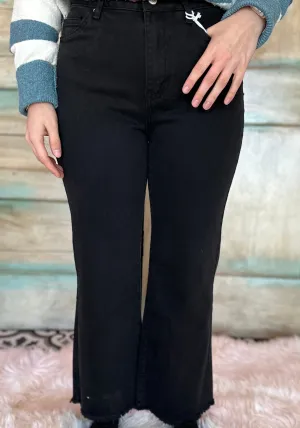 BLACK ACID WASHED HIGH WAIST FRAYED HEM BOOTCUT PANTS