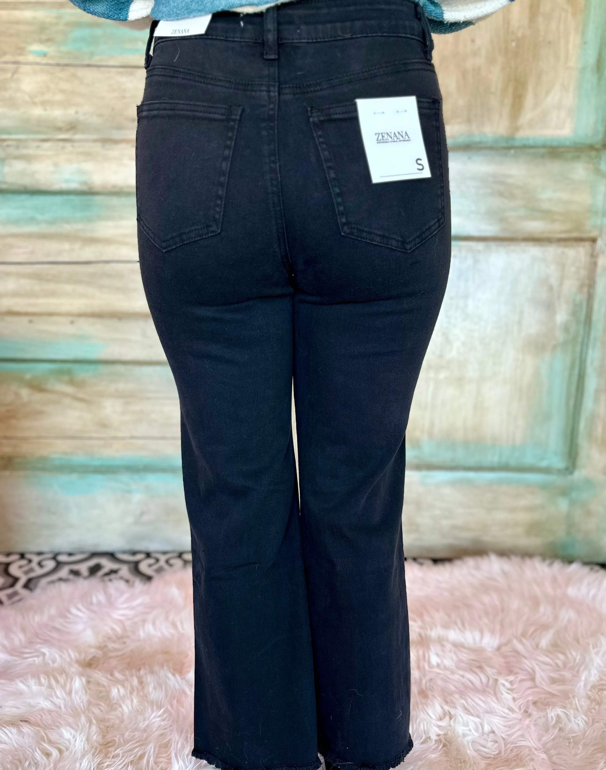 BLACK ACID WASHED HIGH WAIST FRAYED HEM BOOTCUT PANTS