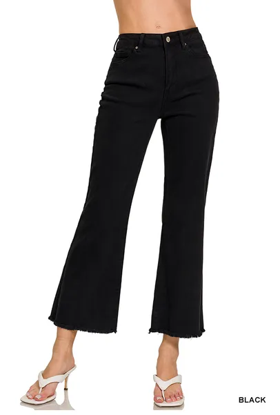 BLACK ACID WASHED HIGH WAIST FRAYED HEM BOOTCUT PANTS