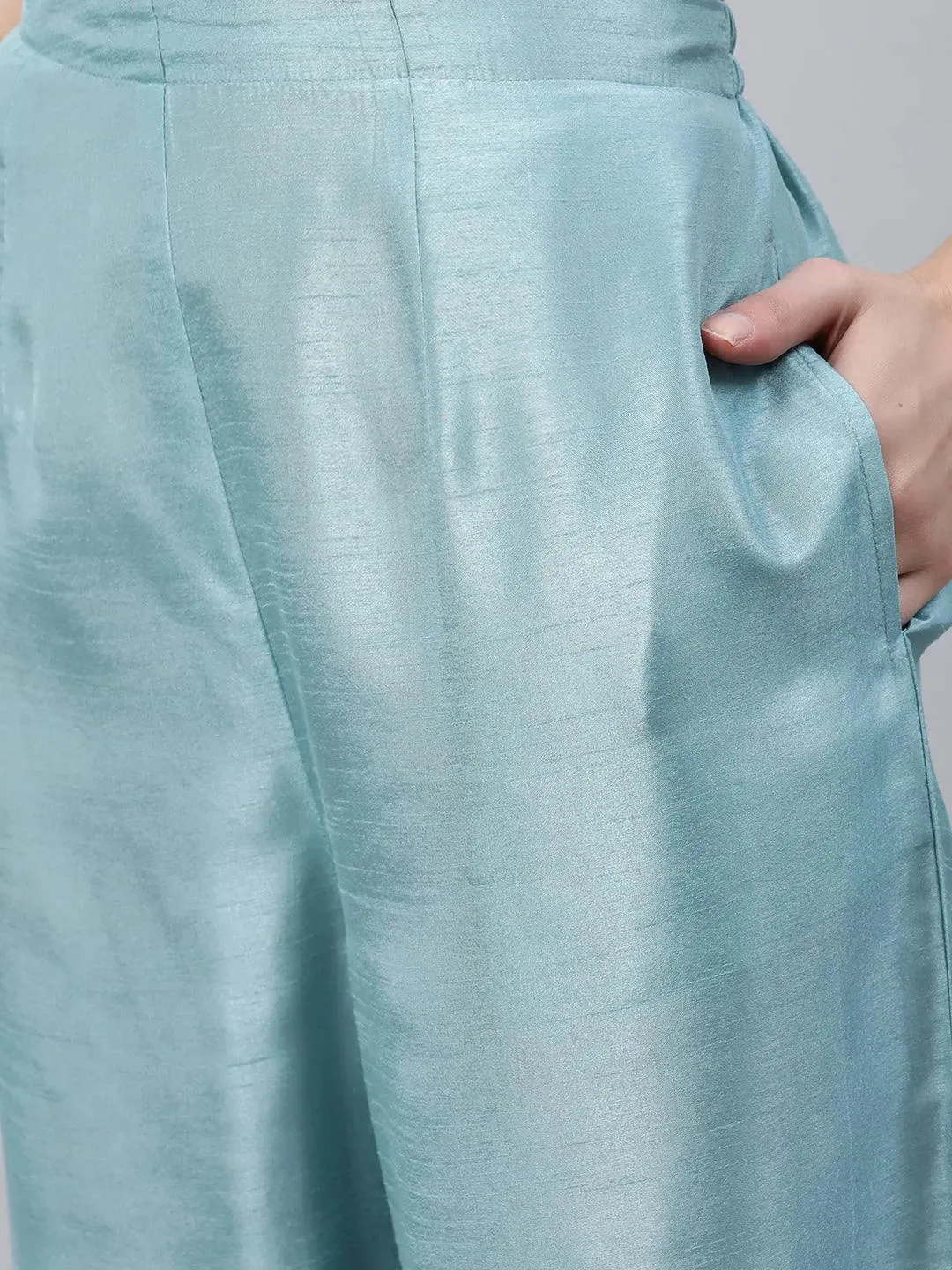 Blue Embroidered Silk Palazzos