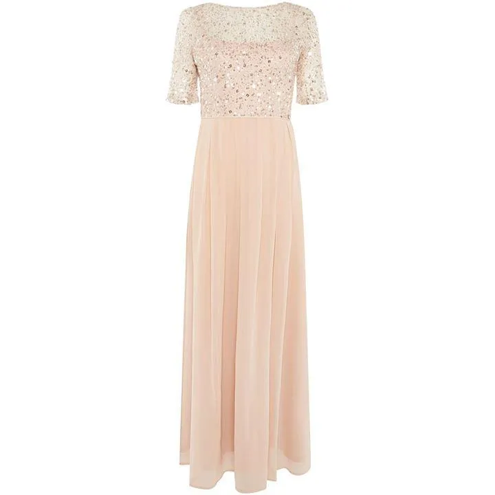Blush 3/4 Sleeves Sequins Embellished Maxi Dress