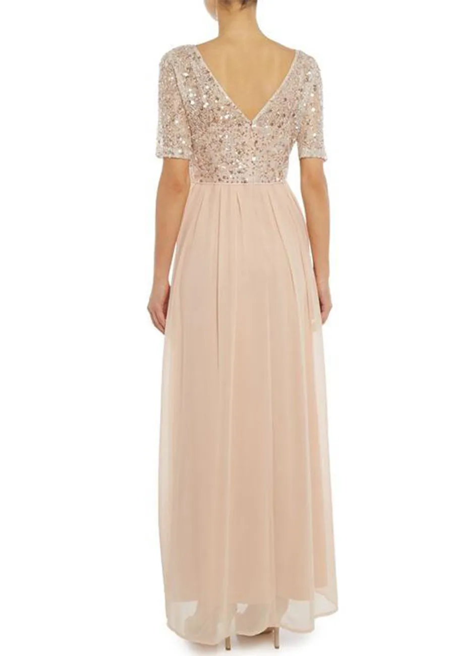 Blush 3/4 Sleeves Sequins Embellished Maxi Dress