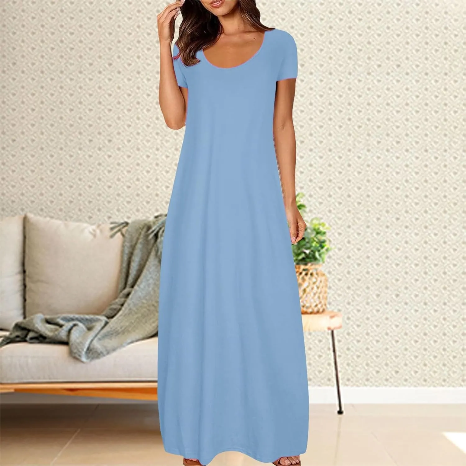 Boho Dresses for Women 2025 Summer Maxi Y2k Solid Color Long Dress Short Sleeve V Neck Flowy Beach Sundress