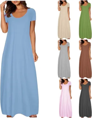 Boho Dresses for Women 2025 Summer Maxi Y2k Solid Color Long Dress Short Sleeve V Neck Flowy Beach Sundress