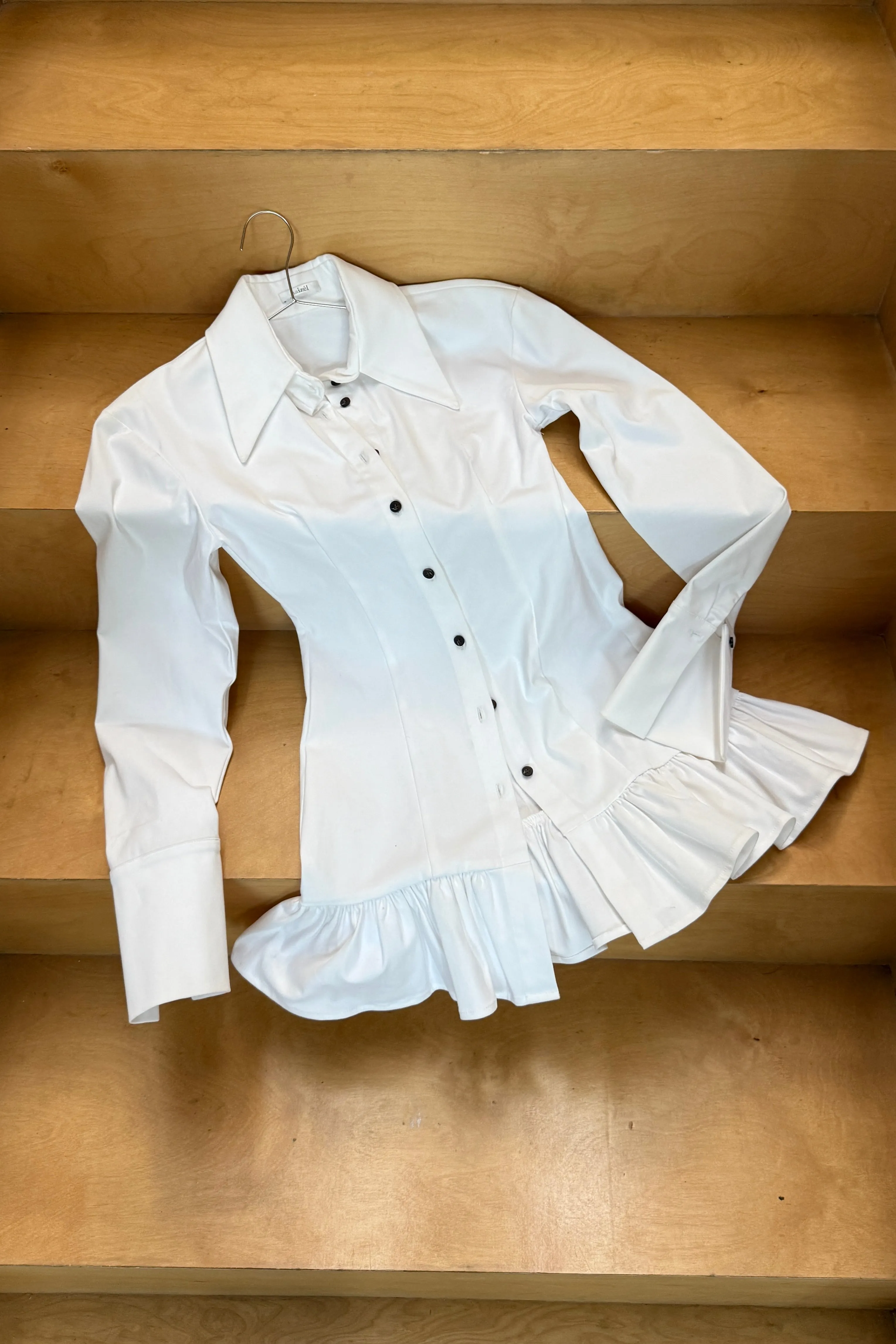 BRUSHED COTTON FITTED SHIRT DRESS WITH RUFFLE HEM in WHITE