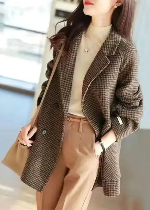 Chic Plaid Notched Pockets Wooled Blend Coats Long Sleeve FA209