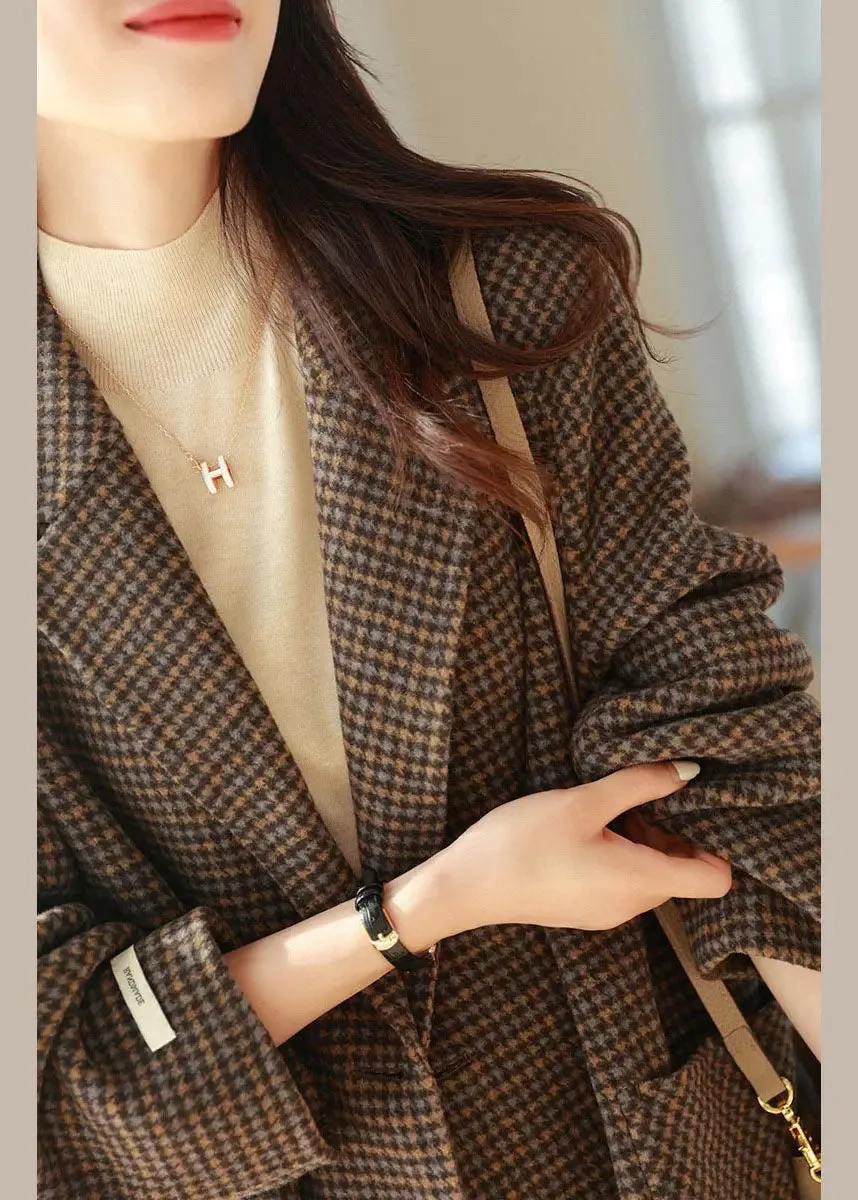 Chic Plaid Notched Pockets Wooled Blend Coats Long Sleeve FA209
