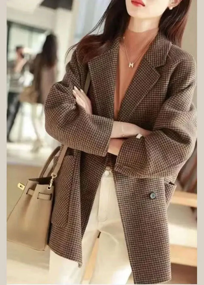 Chic Plaid Notched Pockets Wooled Blend Coats Long Sleeve FA209