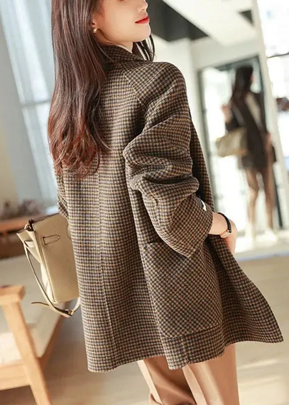 Chic Plaid Notched Pockets Wooled Blend Coats Long Sleeve FA209