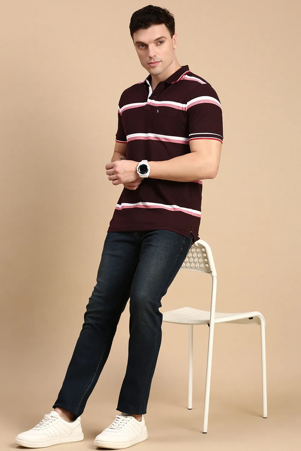 Classic Polo Men's Half Sleeve Burgundy/White Polo Neck Slim Fit Striped T-Shirt | ADORE - 225 A SF P