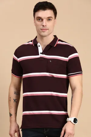 Classic Polo Men's Half Sleeve Burgundy/White Polo Neck Slim Fit Striped T-Shirt | ADORE - 225 A SF P