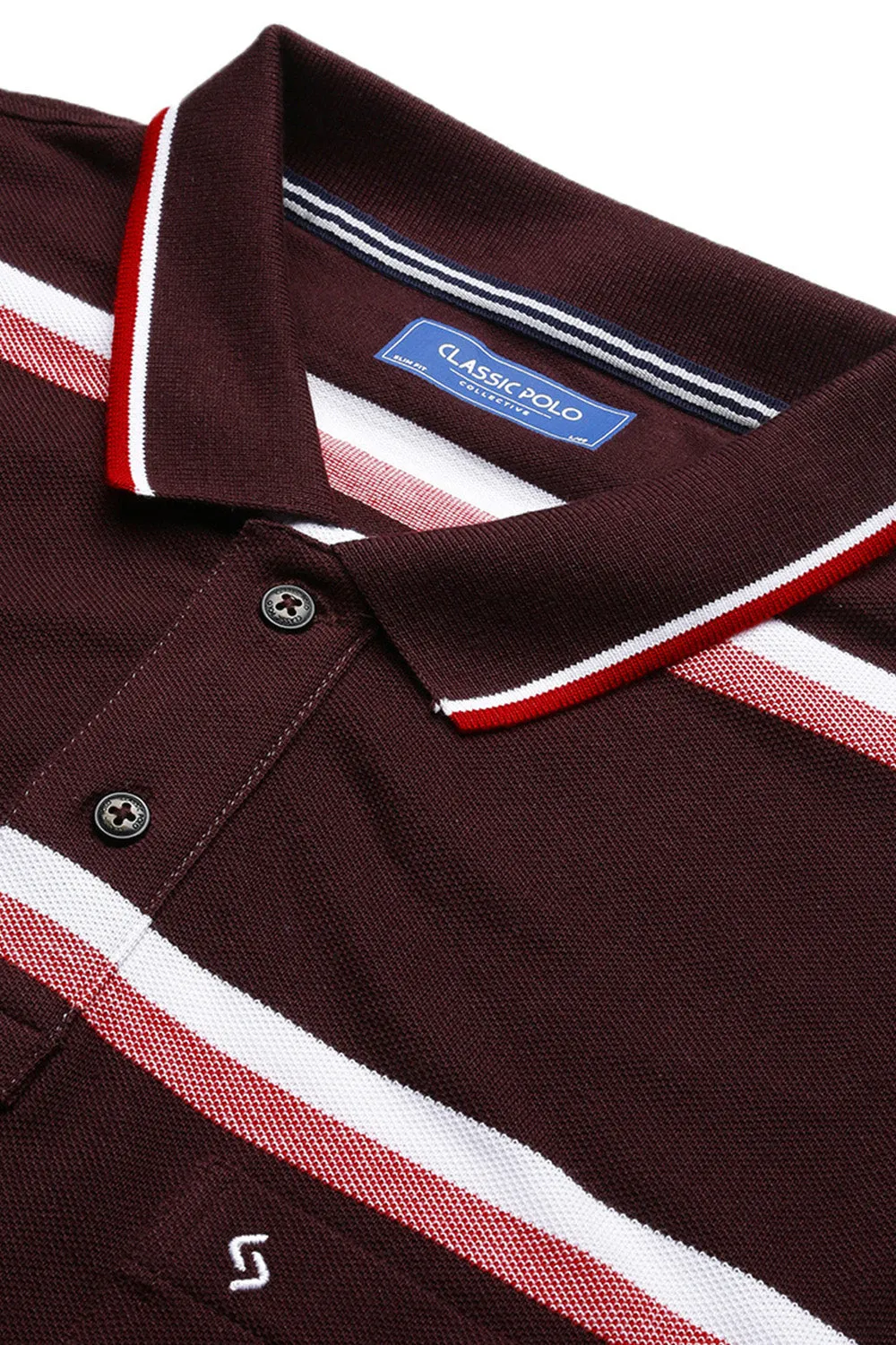 Classic Polo Men's Half Sleeve Burgundy/White Polo Neck Slim Fit Striped T-Shirt | ADORE - 225 A SF P