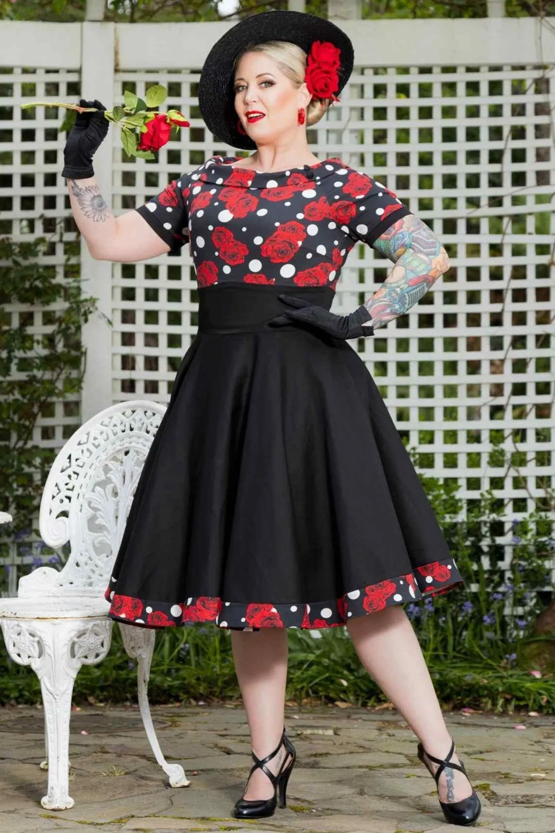 Darlene Rockabilly Rose Polka Dot Swing Dress