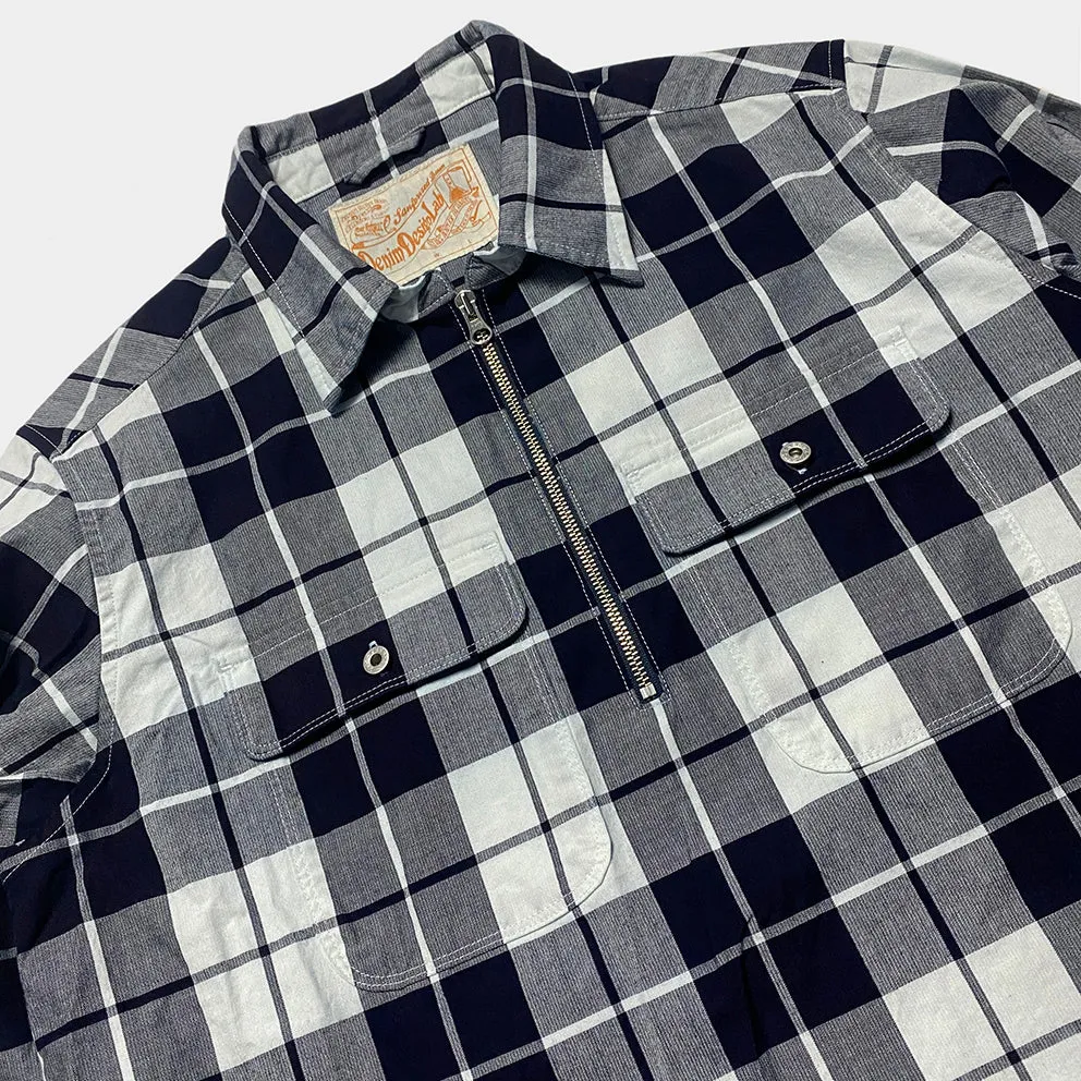 DDL 329 HUNTER-CB REGULAR FIT 2 POCKET 1/2 ZIPPER FRONT INDIGO CHECK DENIM SHIRT-4.5OZ-E1 INDIGO