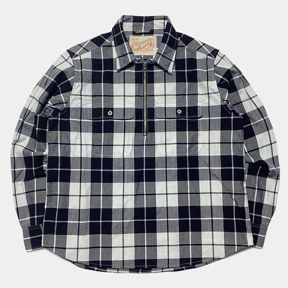 DDL 329 HUNTER-CB REGULAR FIT 2 POCKET 1/2 ZIPPER FRONT INDIGO CHECK DENIM SHIRT-4.5OZ-E1 INDIGO