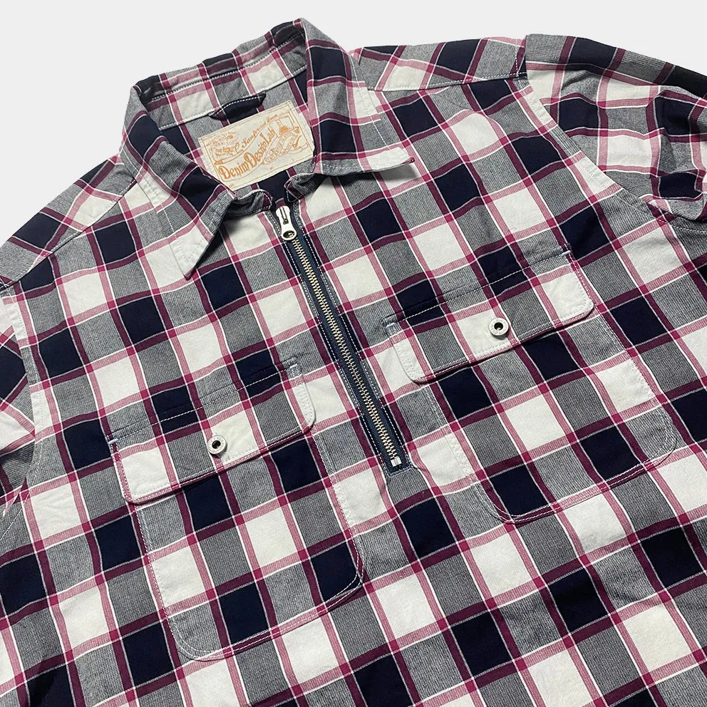 DDL 329 HUNTER-CR REGULAR FIT 2 POCKET 1/2 ZIPPER FRONT INDIGO CHECK DENIM SHIRT-4.5OZ-E1 INDIGO