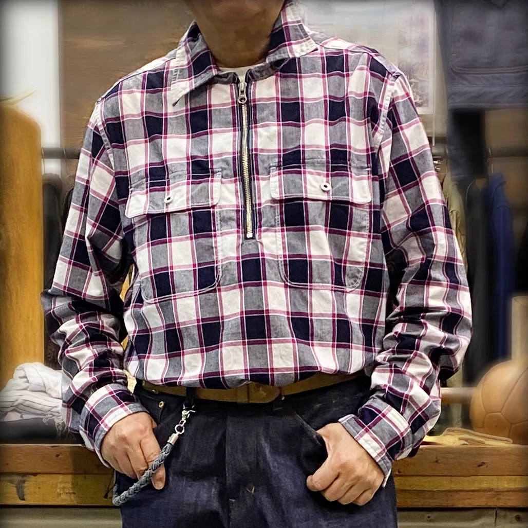 DDL 329 HUNTER-CR REGULAR FIT 2 POCKET 1/2 ZIPPER FRONT INDIGO CHECK DENIM SHIRT-4.5OZ-E1 INDIGO