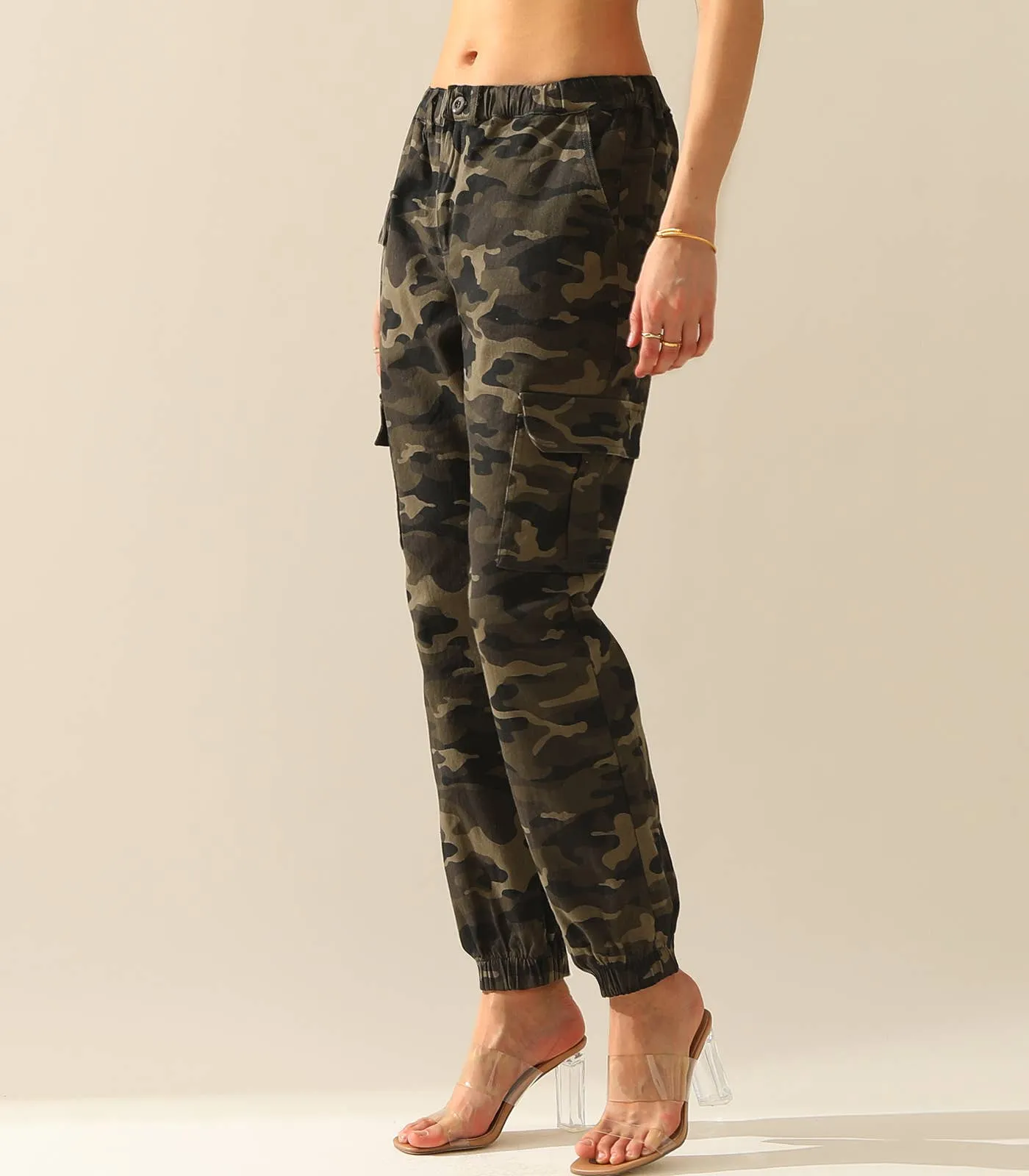 Elastic Waist Camo Cargo Pants Cotton Work Pants