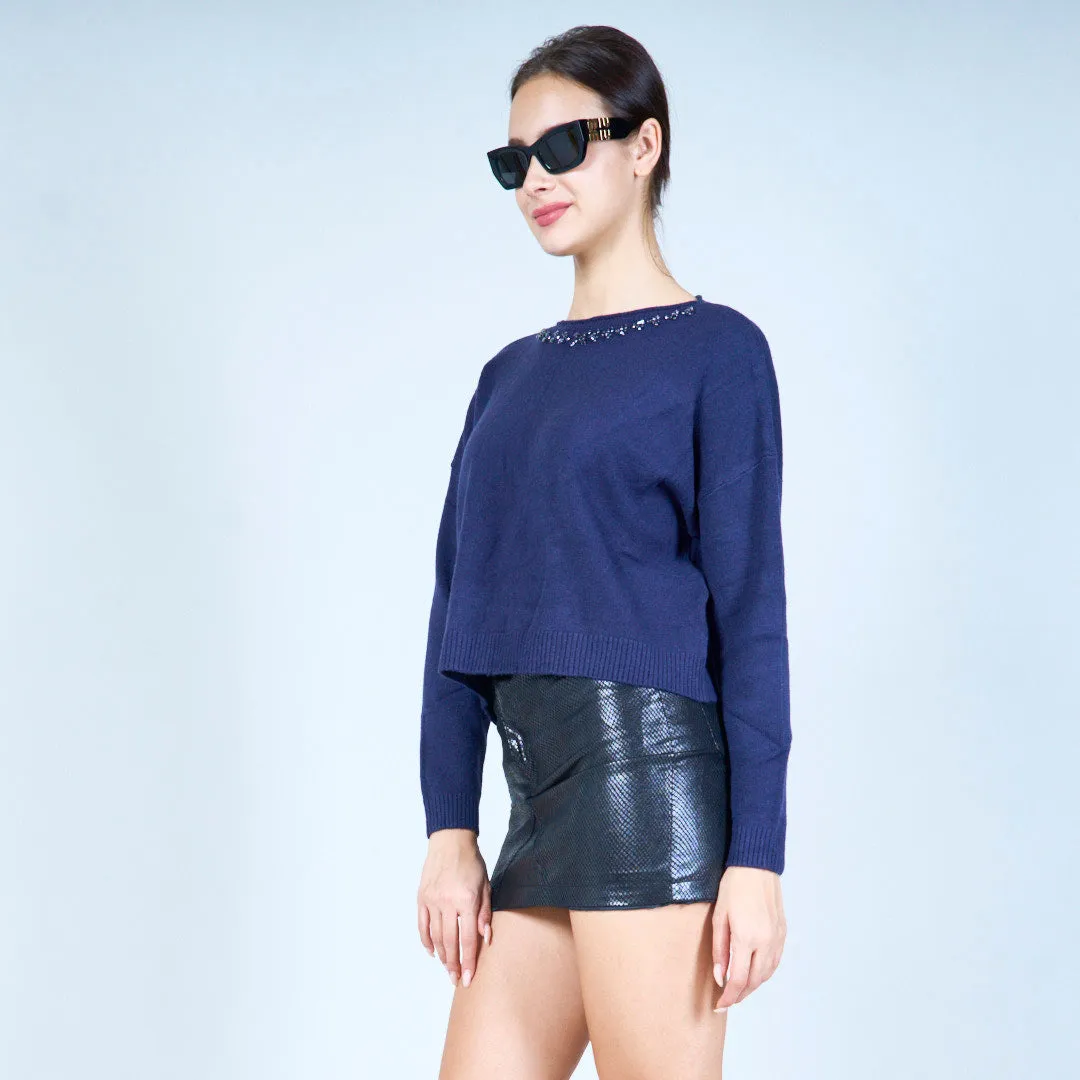 Embellished neckline knit sweater wholesale