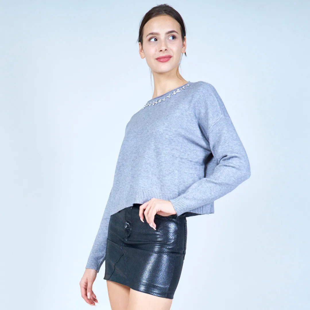 Embellished neckline knit sweater wholesale