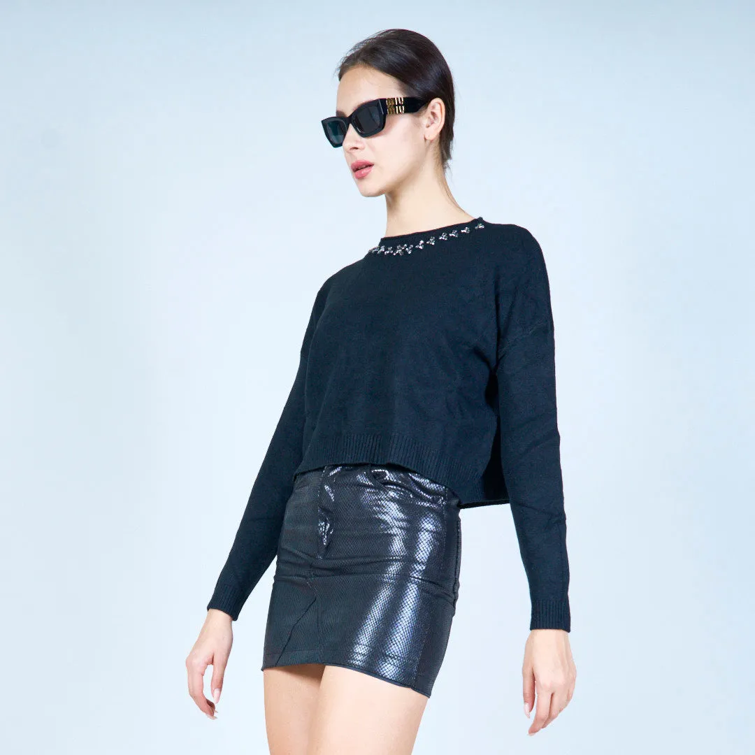 Embellished neckline knit sweater wholesale
