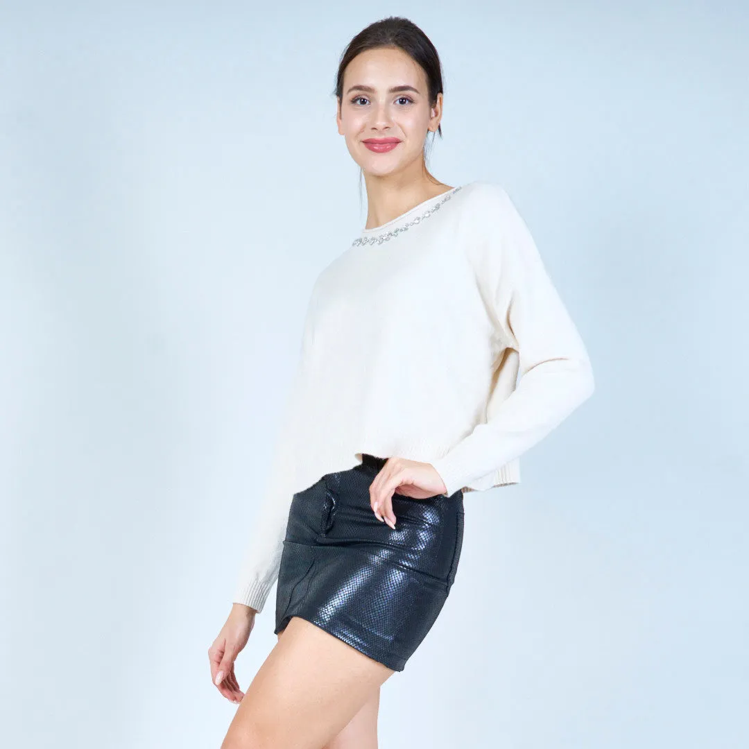 Embellished neckline knit sweater wholesale