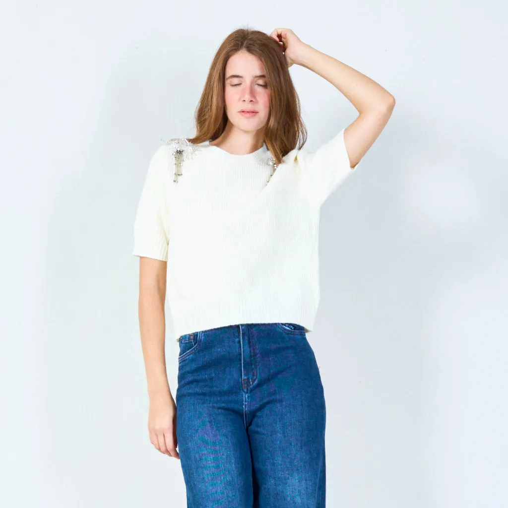 Embellished shoulder knit sweater wholesale