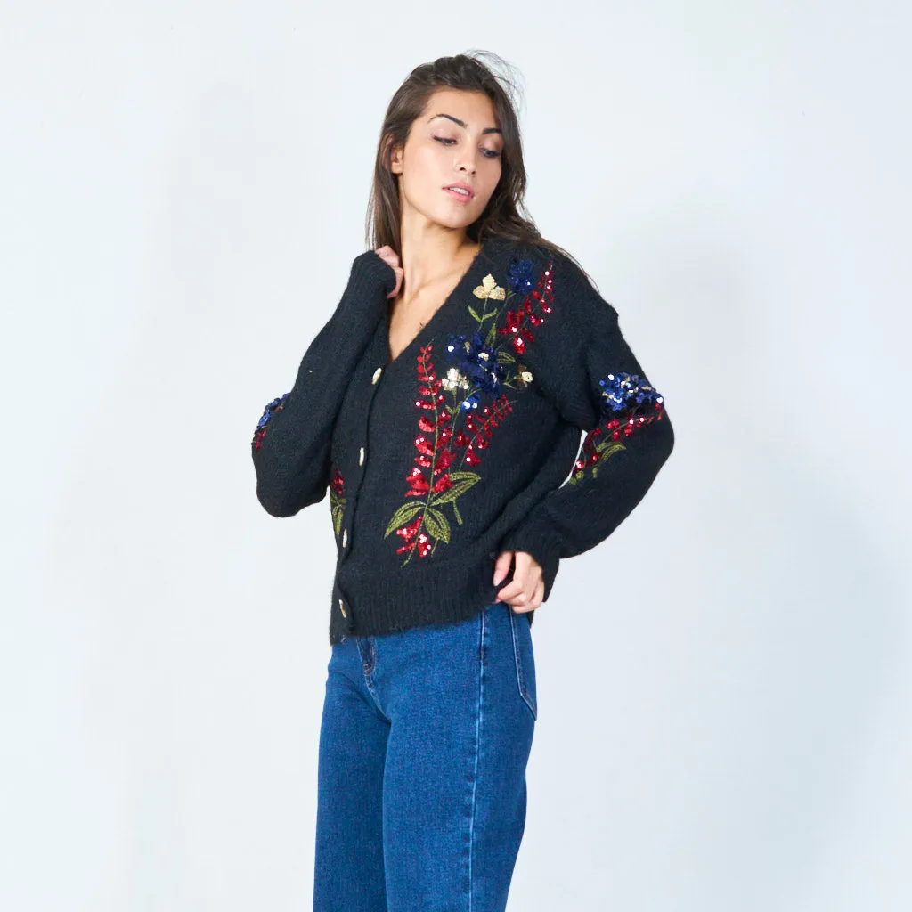 Embroidered floral sequin cardigan wholesale