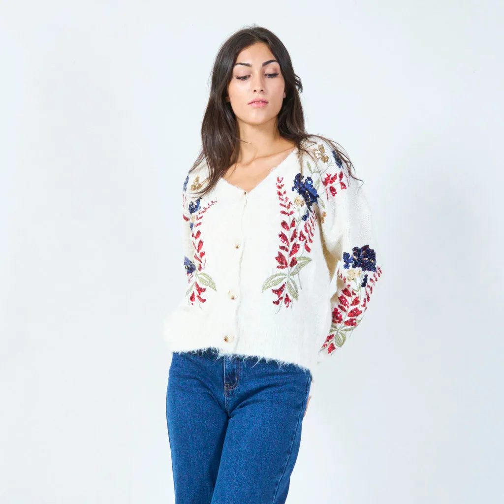 Embroidered floral sequin cardigan wholesale