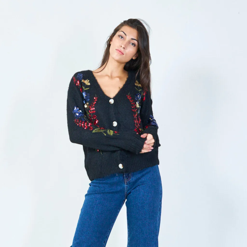 Embroidered floral sequin cardigan wholesale