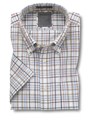 Enro Tan Multi Plaid Short Sleeve Button Up Shirt