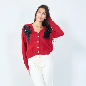 Floral applique knit cardigan wholesale