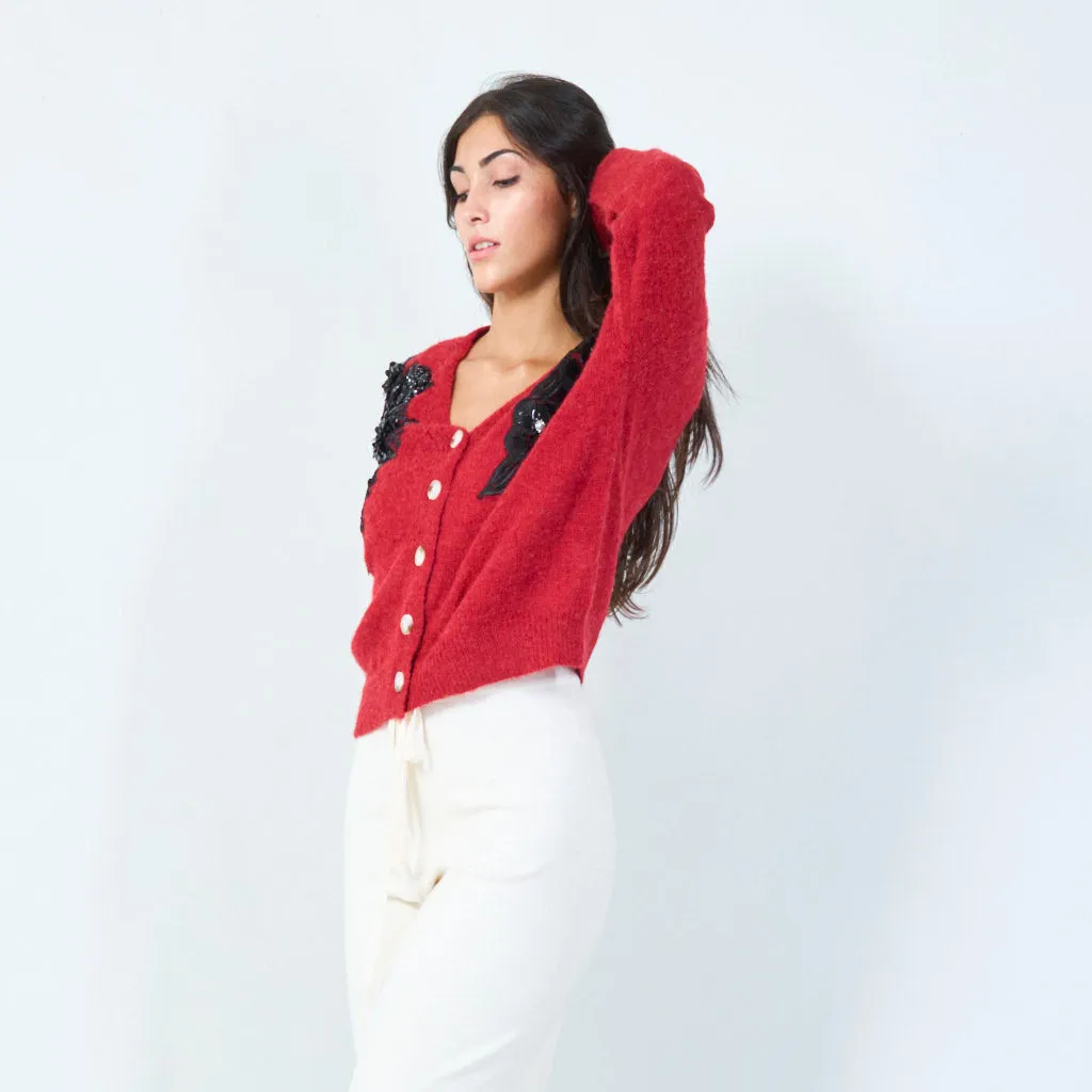 Floral applique knit cardigan wholesale