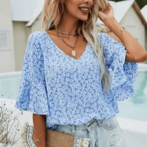 Floral Collar Shirt With Ruffle Sleeves