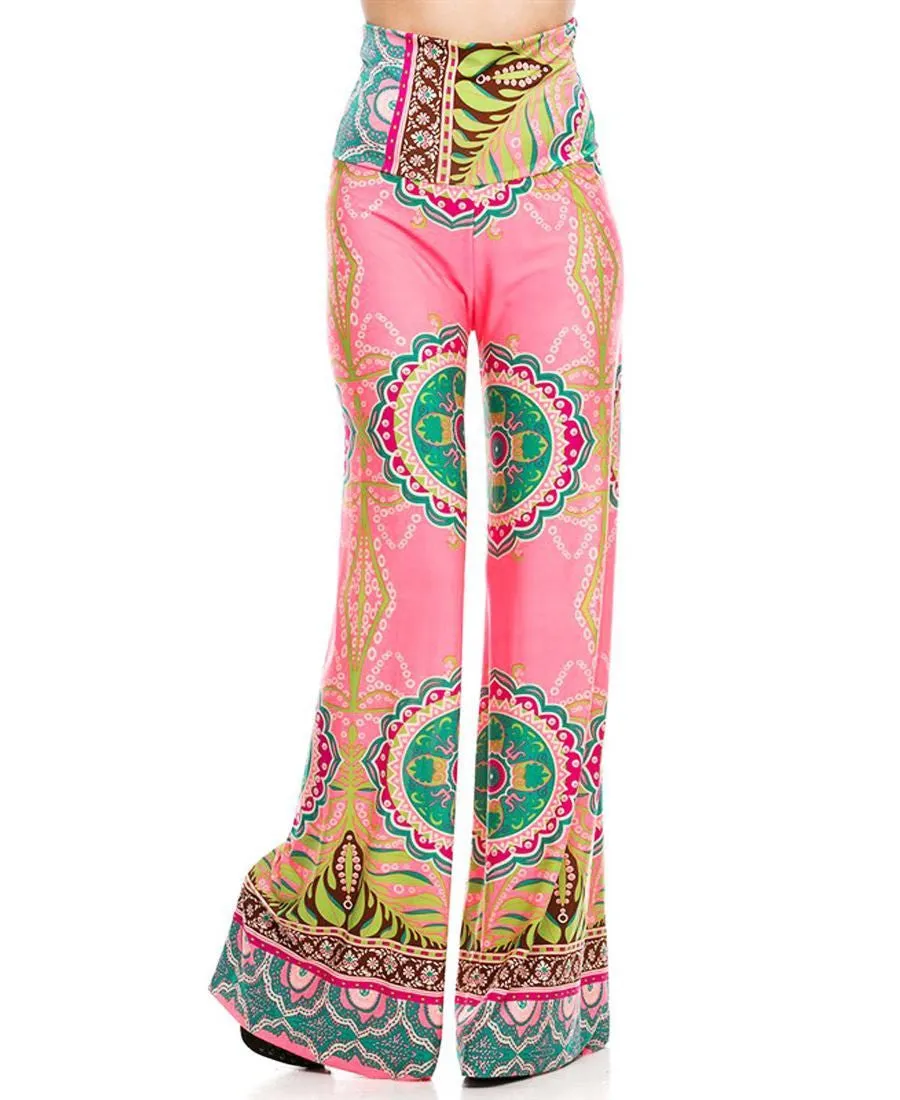 Foldover Palazzo Pants High Waisted Foldover Tropical Pink
