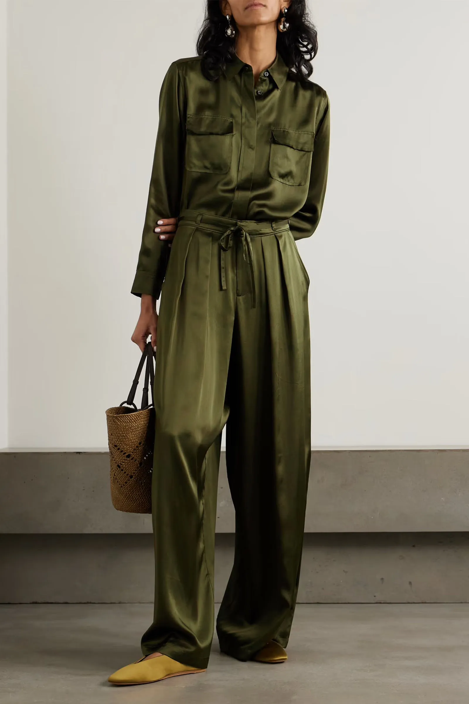 Frayed Silk-Charmeuse Shirt & Pleated Silk-Charmeuse Wide-Leg Pants