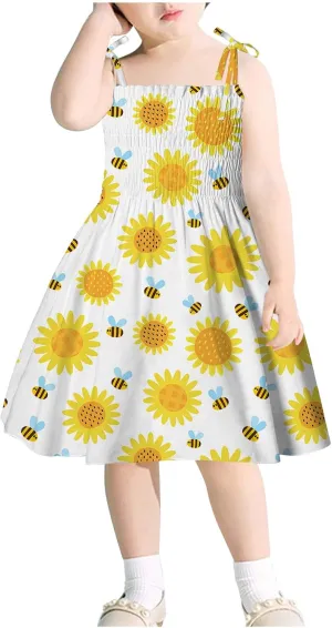 Girl's Ditsy Floral Print Ruffle Hem Cam Dress Spaghetti Strap Bow Tie Side Mini Casual Dresses