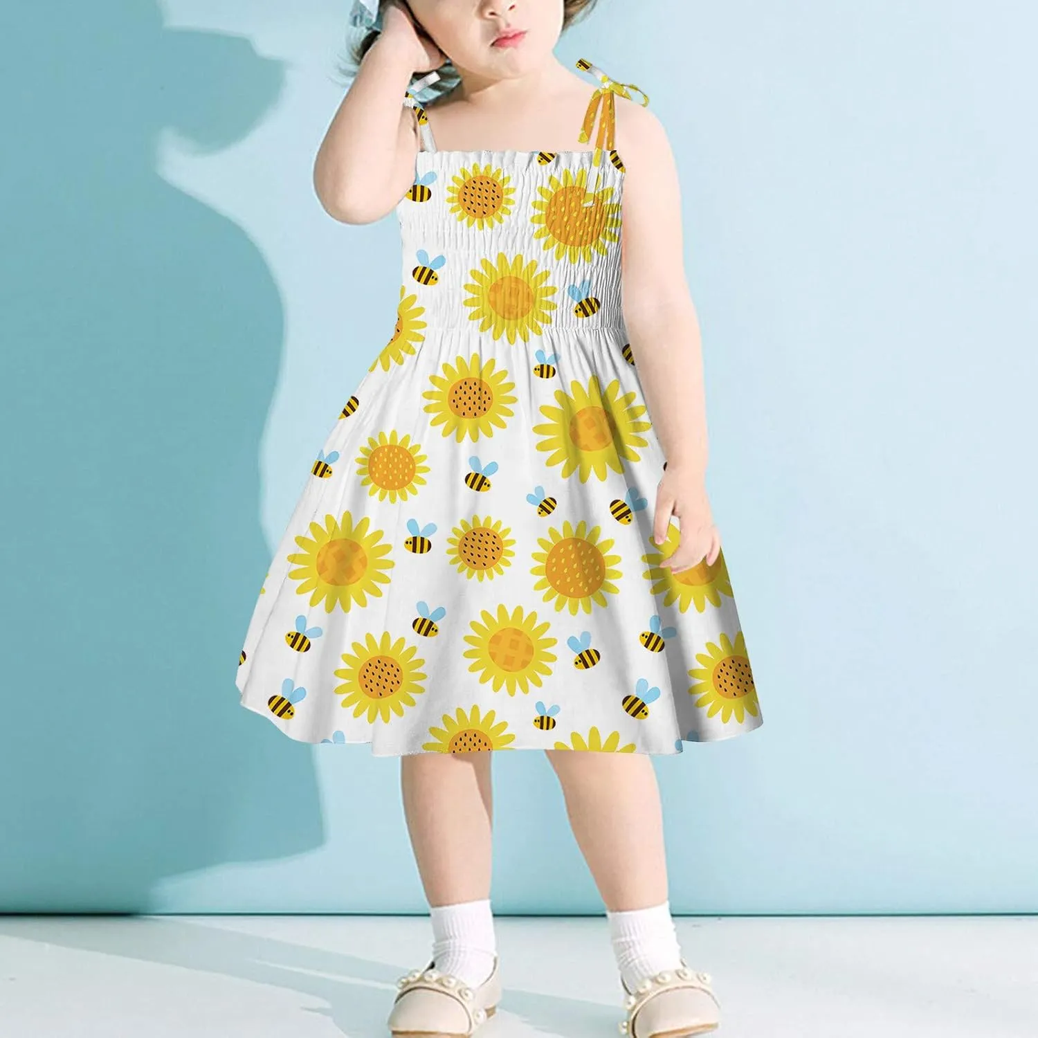 Girl's Ditsy Floral Print Ruffle Hem Cam Dress Spaghetti Strap Bow Tie Side Mini Casual Dresses