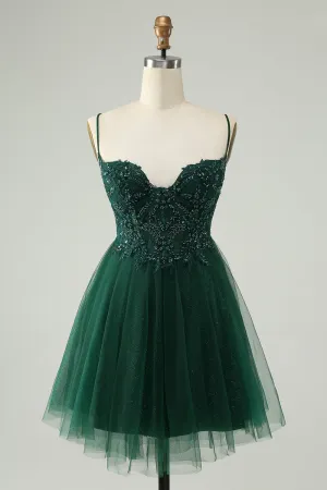 Glitter Dark Green A Line Beaded Appliques Tulle Mini Dress