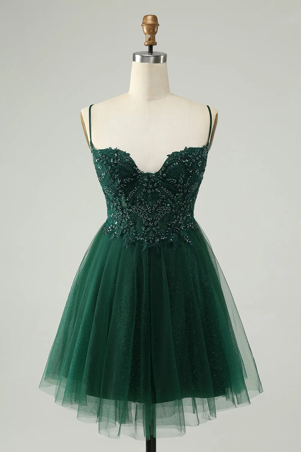 Glitter Dark Green A Line Beaded Appliques Tulle Mini Dress
