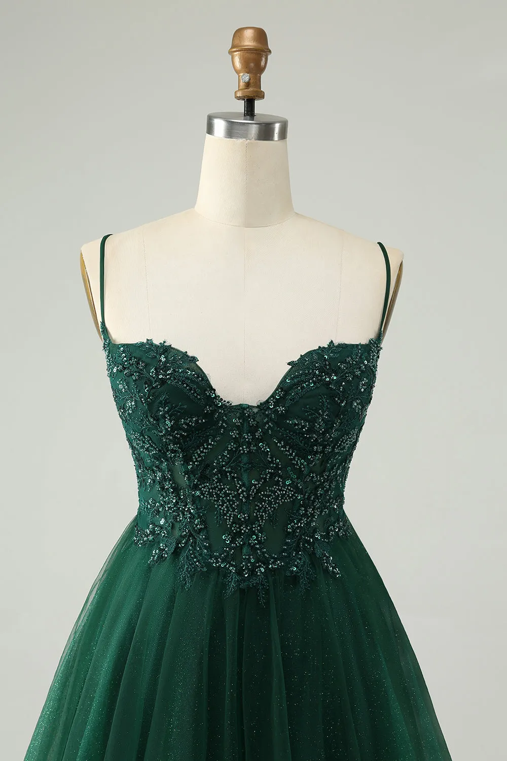 Glitter Dark Green A Line Beaded Appliques Tulle Mini Dress