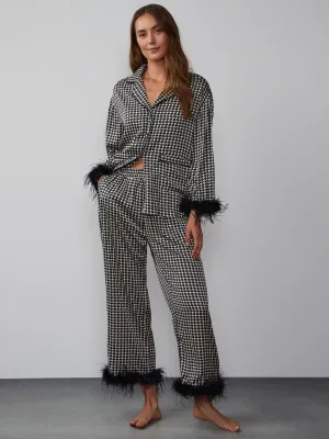 Houndstooth Print Feather Trim Pajama Pant