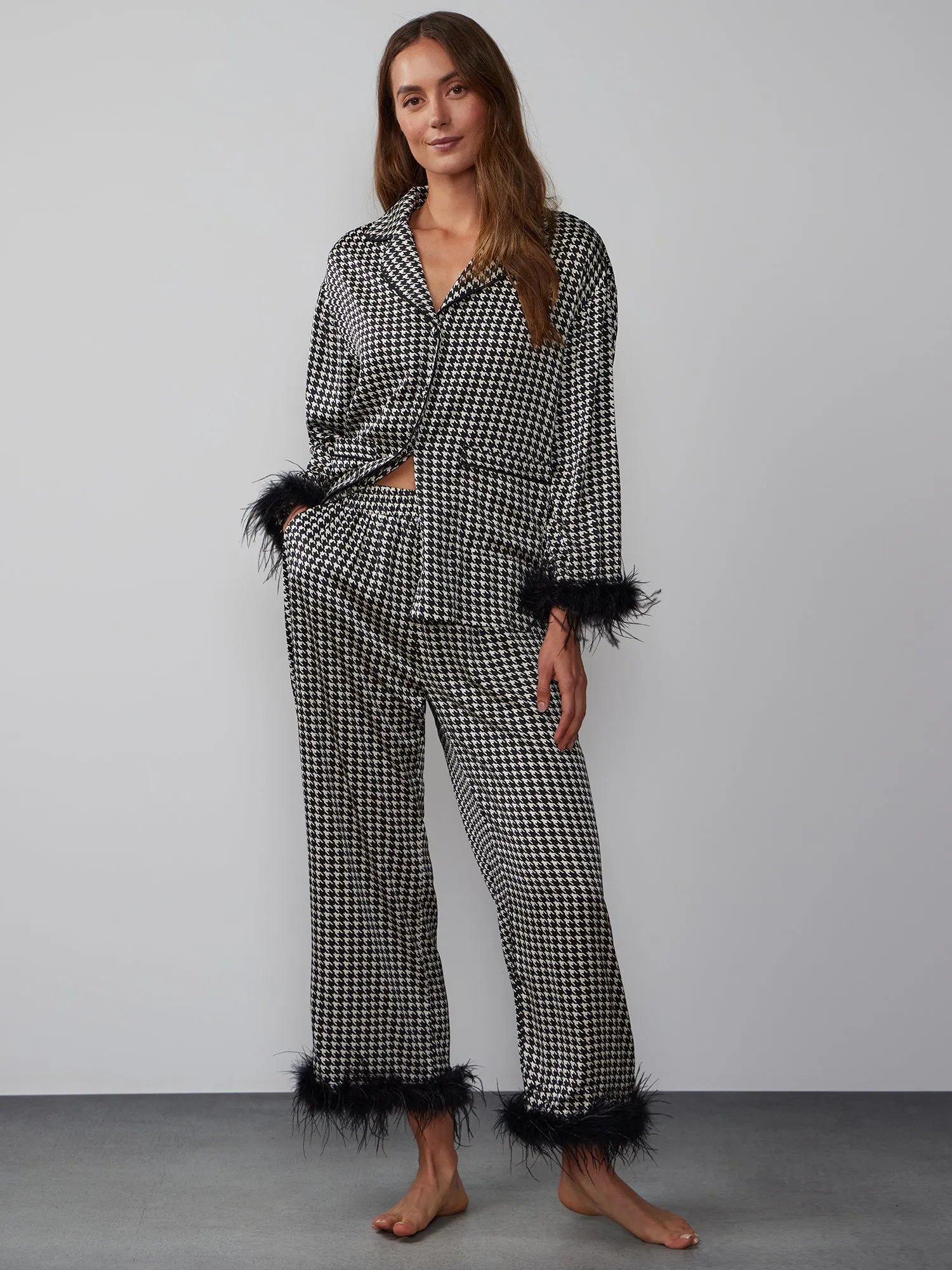 Houndstooth Print Feather Trim Pajama Pant