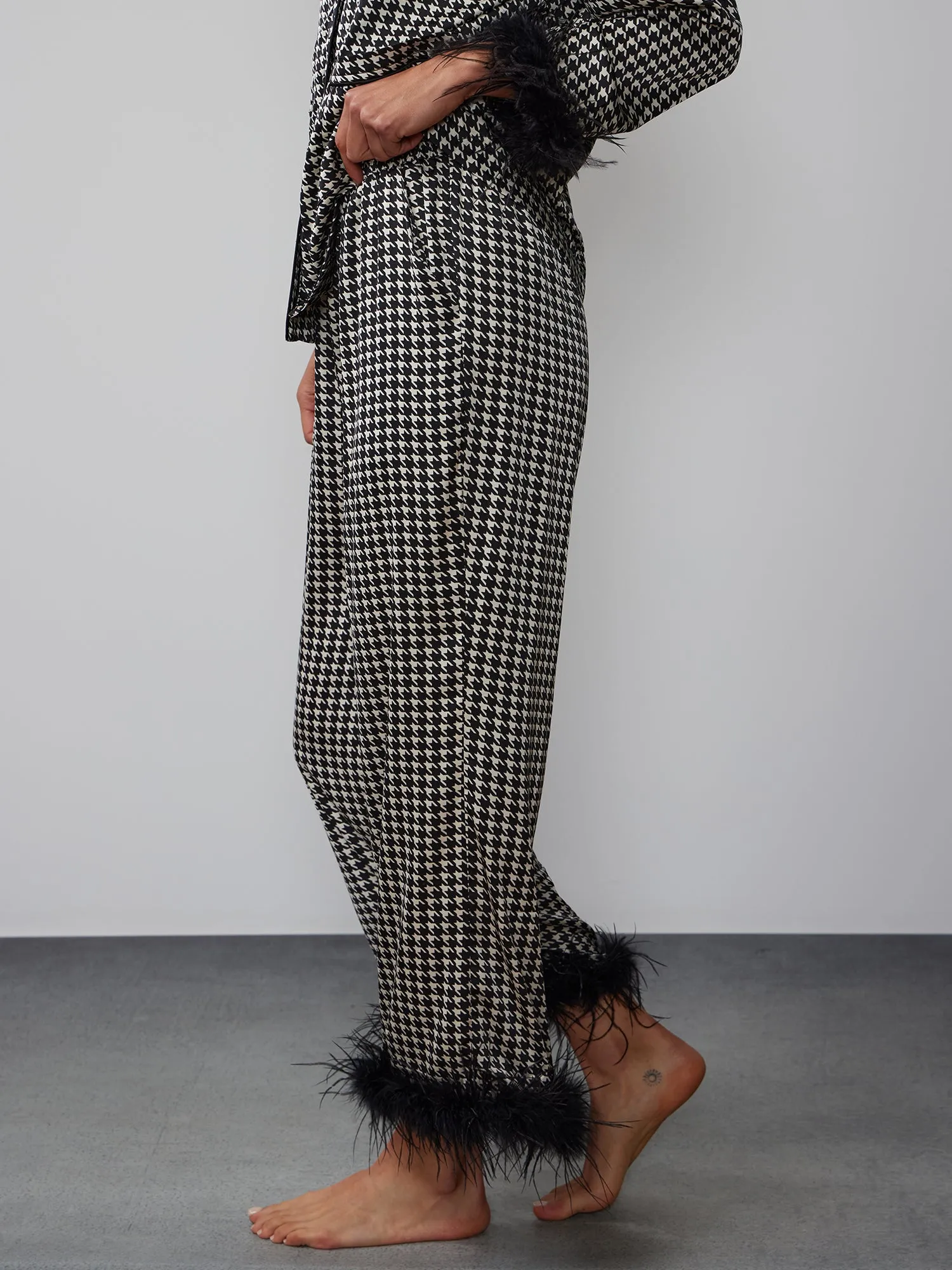 Houndstooth Print Feather Trim Pajama Pant